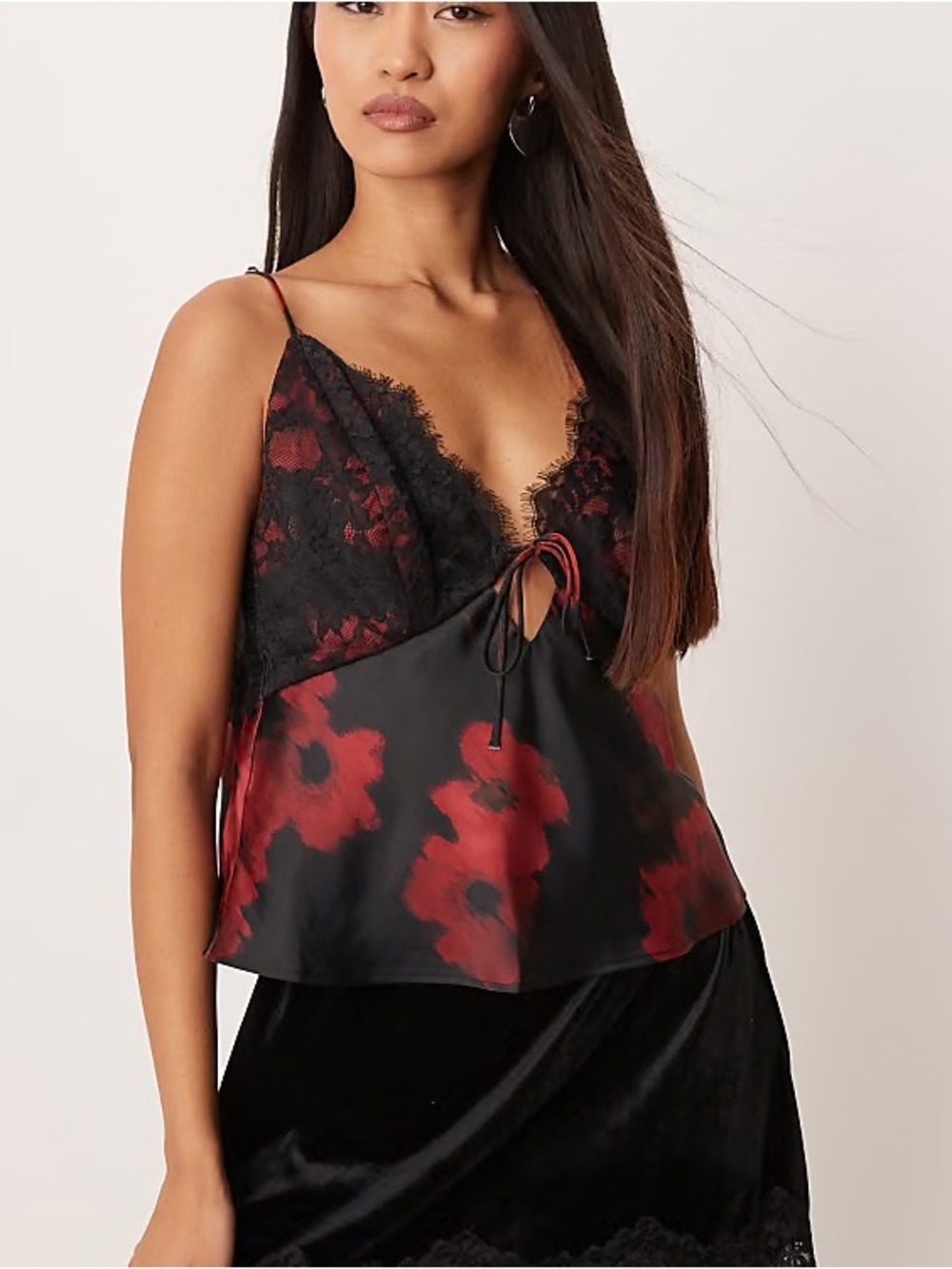 Abercrombie & Fitch black lace tie-front cami top in red floral medium NEW - Picture 8 of 8